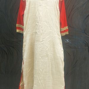 Heavy Embroidered Cream And Red Kurti For Girls