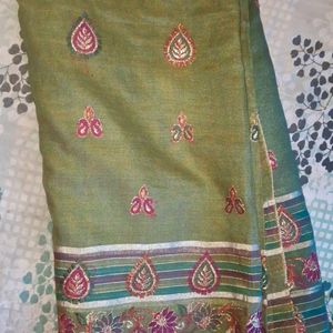 Olive Green Purple Embroiderey Saree