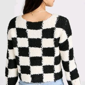 Checked Knit Crop Cardigan