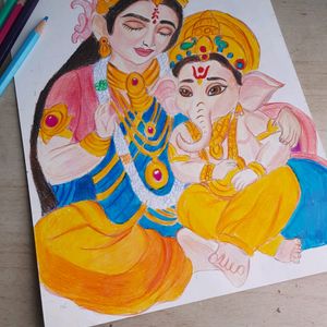 Maa Parvati And Ganapati Bappa Drawing A4 Size