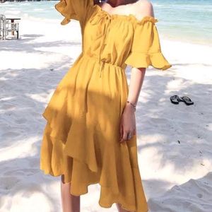 Yellow Off Shoulder Midi Dress