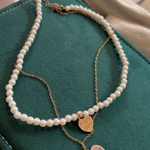 Korean Style Layered Necklace W Pink Stone + Ring