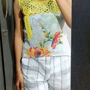 Yellow,  And Colorfull Flower Print Top  For Woman