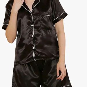 Women's Satin Solid Night Suits with Shorts Set