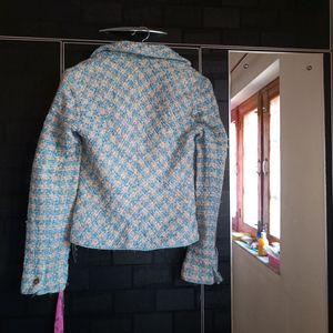 Korean Crop Blazer Green And White Color