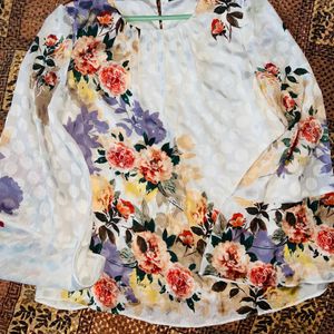 White Bell Sleeved Top With Flowers