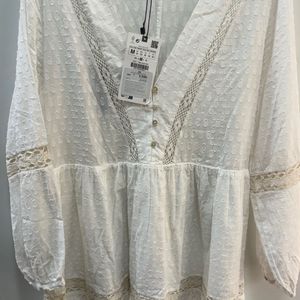 Zara White Embroidered Dress Size m