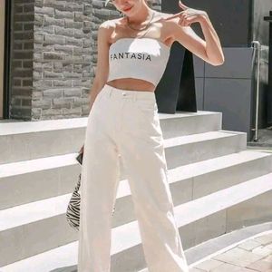 👻Co-ord♡ - White Denim Trouser+Cotton Crop Shirt