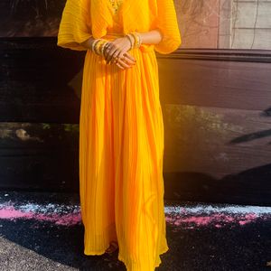 Yellow Heavy Mirror Work Kaftan Dress With Belt💛