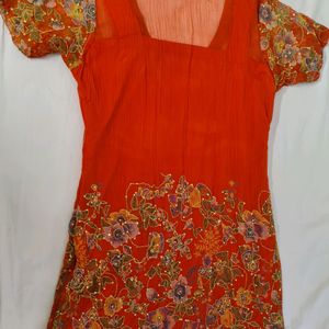 Red Floral Chiffon kurta with sequins & embroidery