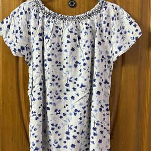 White Blue Printed Top