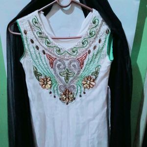 White Frocksuit With Black Net Dupatta