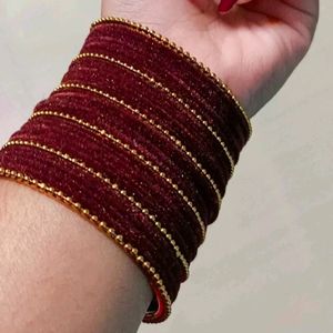 Maroon Metal Fabric Gold Plated Bangles