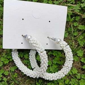 White Fancy Bead Hoop Earrings - Light Weigh