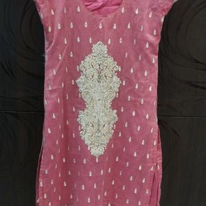 Deep Back Neck Embroidered  Chanderi Kurti