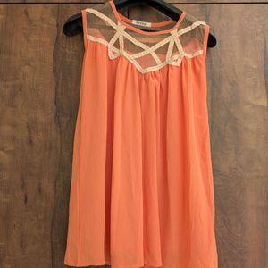 Cute Coral Top With Net Self Design Neck