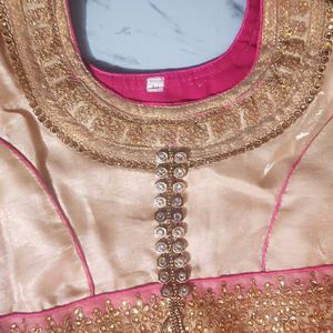 Pink Anarkali With Long Ghera And Golden Duppata