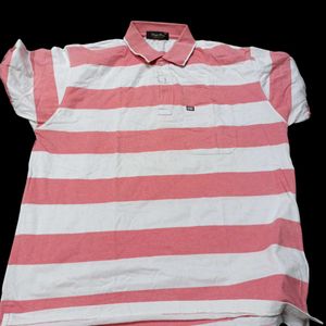 Peach And White Casual Striped Tshirt