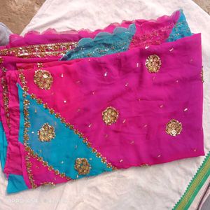 Embroidery Work Sree Two Colours Pink And Sky Blue