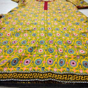 Yellow 5 Corner Shape Neck Kurta Set