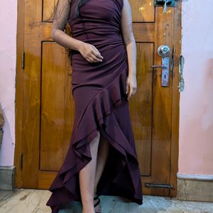 Burgundy Cotton Maxi Dress , With One Leg Split