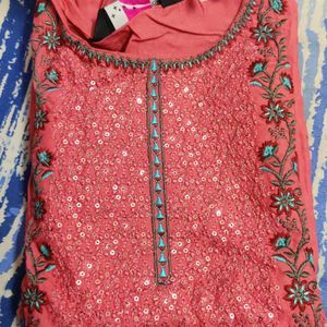 Pink New Kurti With Sequence And Thread Work