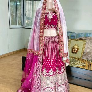 Bridal Pink Heavy Work Fully Stitch Velvet Lehenga