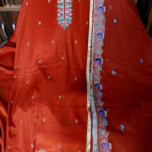 Silk geru Rust clr embroidery work with dupatta