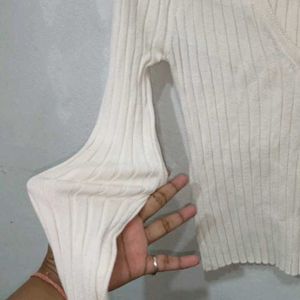 Off White V Neck Woolen Top