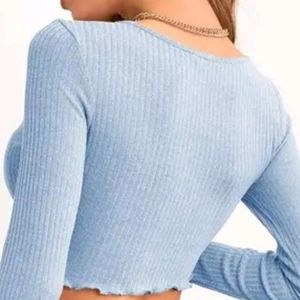 V - Neck Full Sleeve Crop Top (Sky)