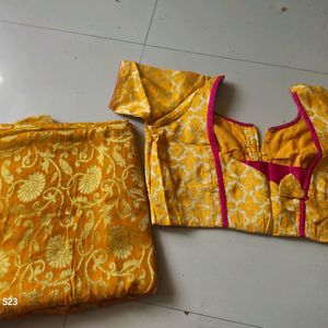 Mustard Dark Printed Shiny Saree With Blouse ❤️