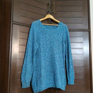 Women Blue Oversized Knitted Cotton Sweater