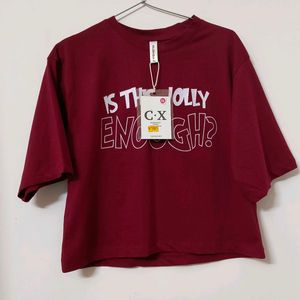 Drop Shoulder Crop Tshirt (Bloody Red /Maroon)