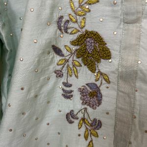 Hand Embroidered Pista Silk Kurta