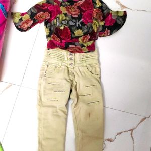 Florescent Green Denim Ridge Jeans With Floral Top