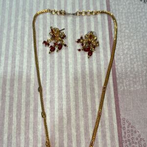 AD Double Pendant Necklace In Gold Nd Red Colour