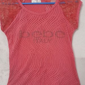 Net Sleeves Coral Colour Top