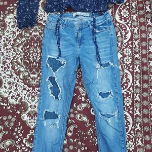 Blue Colour Ripped Jeans With Top