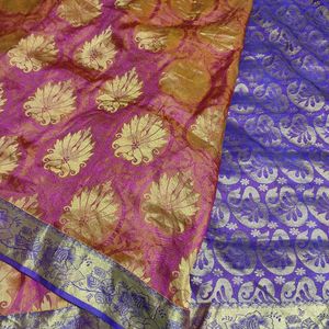 Orange And Violet Pure Silk Saree