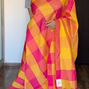 Yellow And Pink Checked Silk Saree