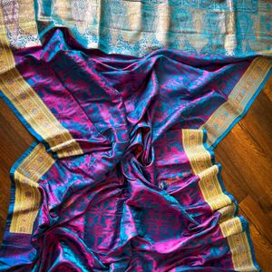 100% Pure Triple Tone Himroo Jamavar Silk Saree