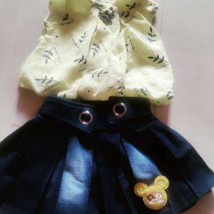 Denim Skirt And Lemon Color Sleeveless Top