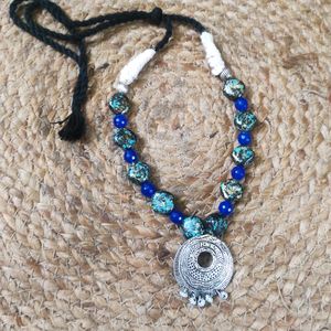 Blue Onyx Stone Necklace With Oxidized Pendant