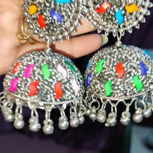 Silver Jhumka With Multi Colour Stone