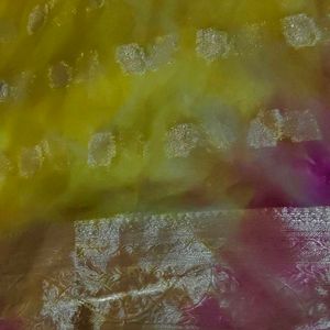 Organza Saree Yellow And  Rani Colour