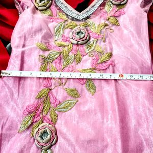 Kurti Pajama Suit Net Floral Embroidery Rose Pink