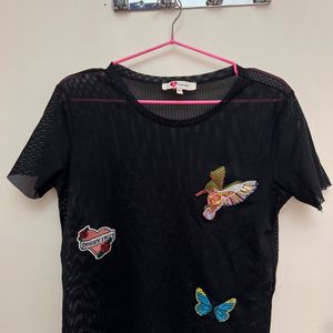 Black Mesh Embroidered Shirt