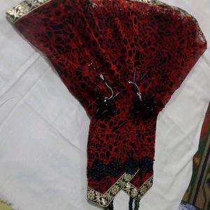 Cotton Net Pure Jari Work Red Colour Printed