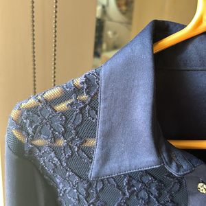 Lace Front Midnight Blue Button Down Blouse