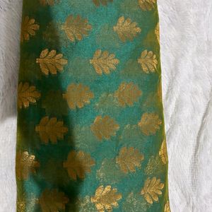 Green Saree With Brown And Blue Border